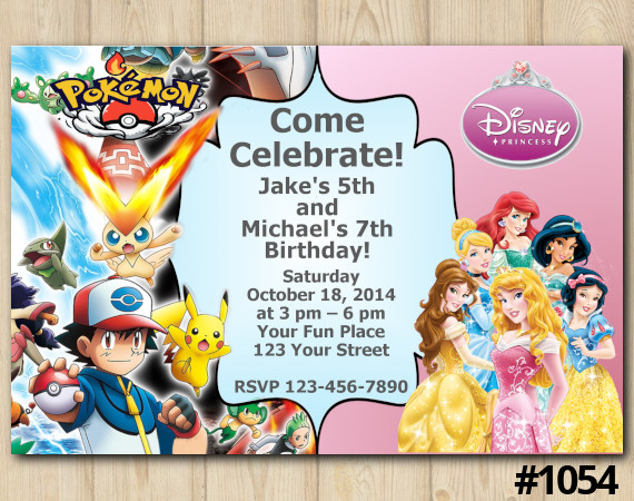 Twin Pokémon and Disney Princesses Invitation | Personalized Digital Card